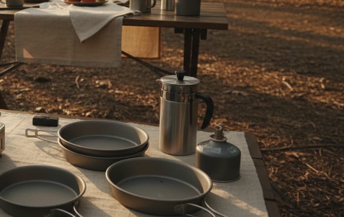 A press pot, stacked pans and a fuel canister on a camp table in early morning light